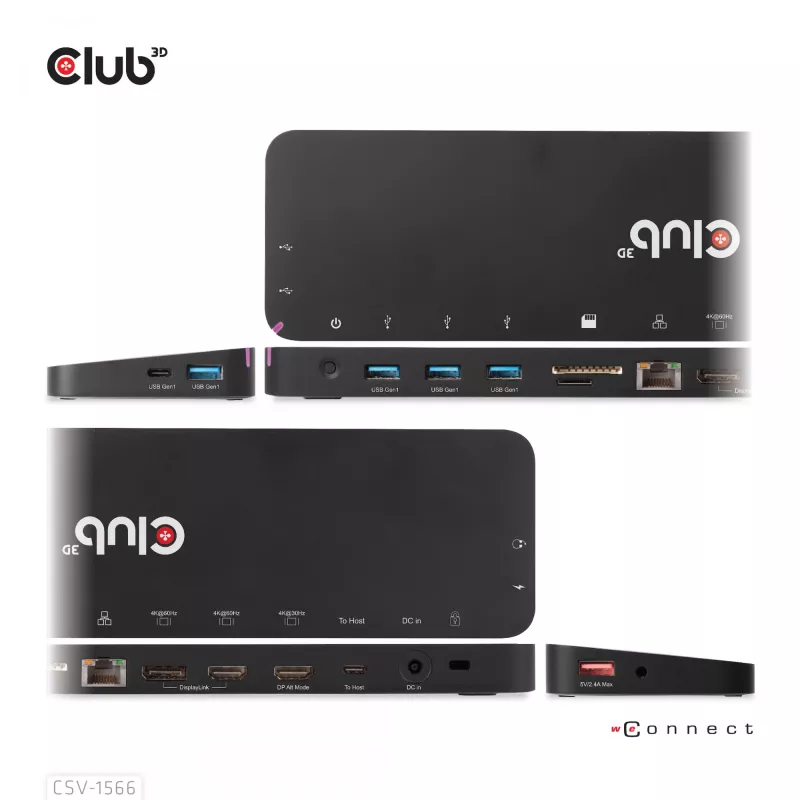 CLUB3D USB Gen1 Type-C Triple Display DP Alt Mode Displaylink Dynamic PD Charging Dock mit 120-Watt-Netzteil