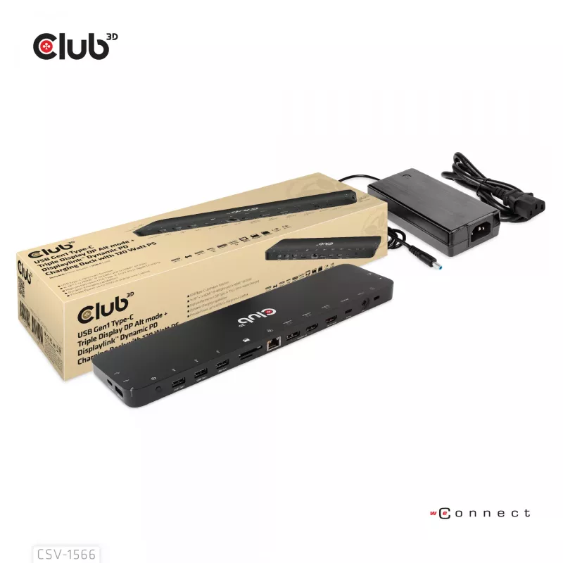 CLUB3D USB Gen1 Type-C Triple Display DP Alt Mode Displaylink Dynamic PD Charging Dock mit 120-Watt-Netzteil