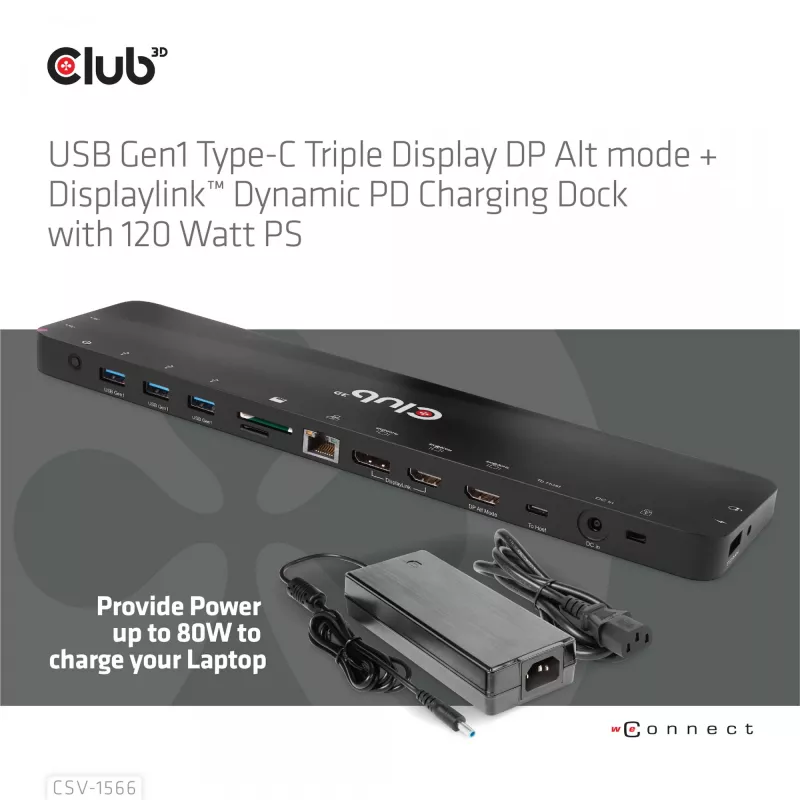 CLUB3D USB Gen1 Type-C Triple Display DP Alt Mode Displaylink Dynamic PD Charging Dock mit 120-Watt-Netzteil