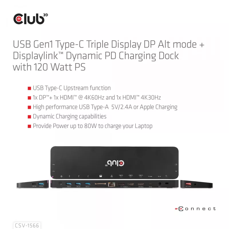 CLUB3D USB Gen1 Type-C Triple Display DP Alt Mode Displaylink Dynamic PD Charging Dock mit 120-Watt-Netzteil