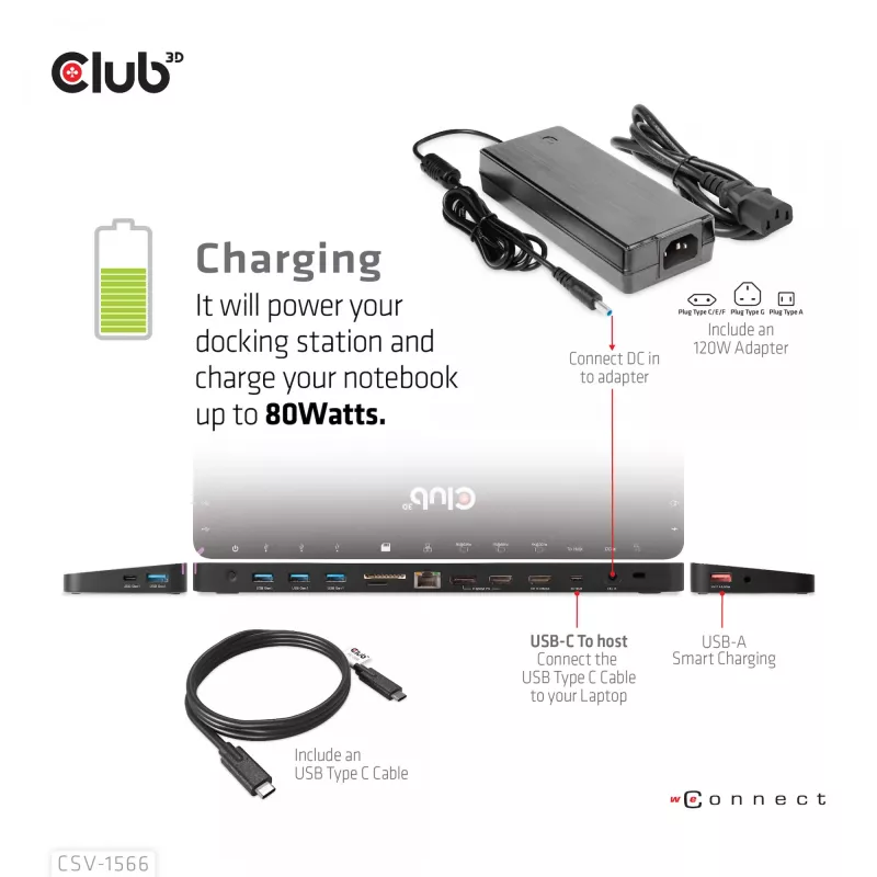 CLUB3D USB Gen1 Type-C Triple Display DP Alt Mode Displaylink Dynamic PD Charging Dock mit 120-Watt-Netzteil