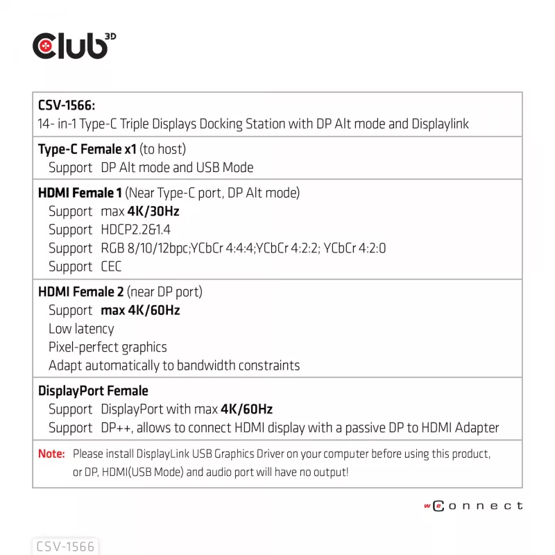 CLUB3D USB Gen1 Type-C Triple Display DP Alt Mode Displaylink Dynamic PD Charging Dock mit 120-Watt-Netzteil