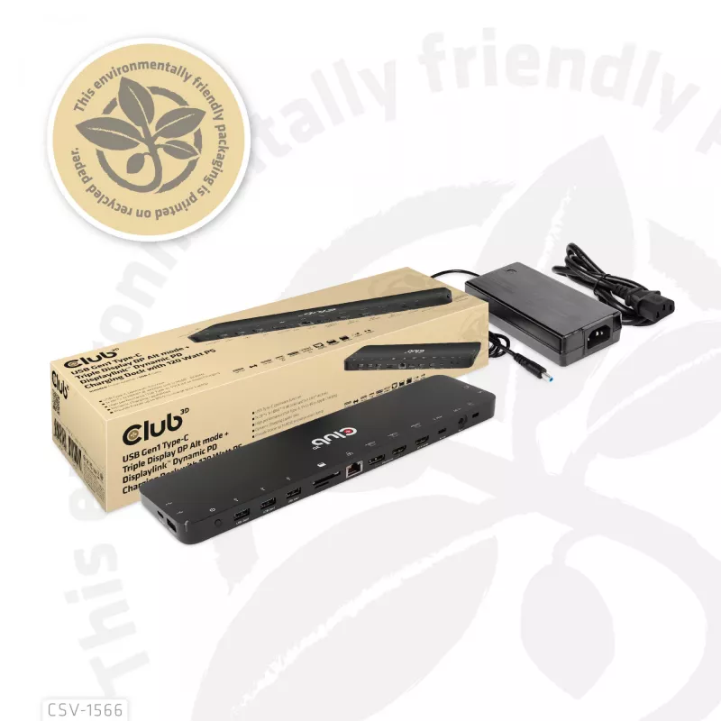 CLUB3D USB Gen1 Type-C Triple Display DP Alt Mode Displaylink Dynamic PD Charging Dock mit 120-Watt-Netzteil
