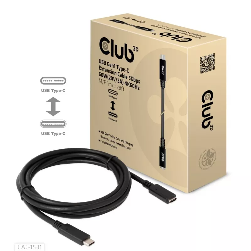 USB Gen1 Typ-C-Verlängerungskabel CLUB3D CAC-1531, 1 m, USB-C Stecker auf 2× USB-C Buchse, 5 Gbps, 60 W PD, 4K@60Hz