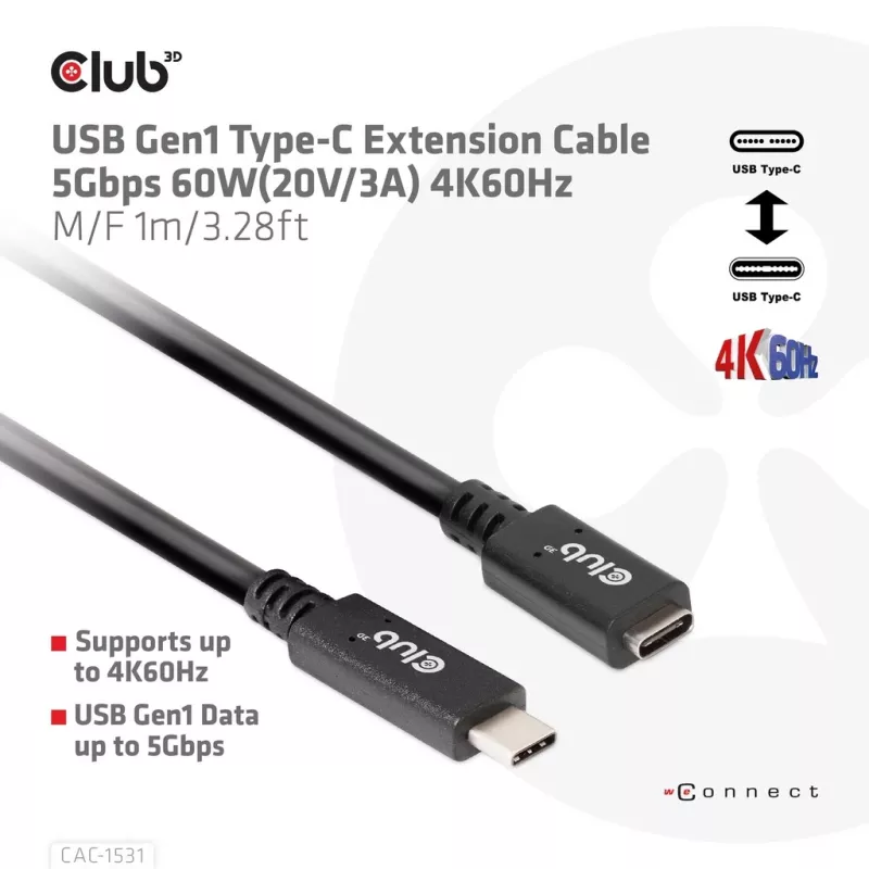 USB Gen1 Typ-C-Verlängerungskabel CLUB3D CAC-1531, 1 m, USB-C Stecker auf 2× USB-C Buchse, 5 Gbps, 60 W PD, 4K@60Hz
