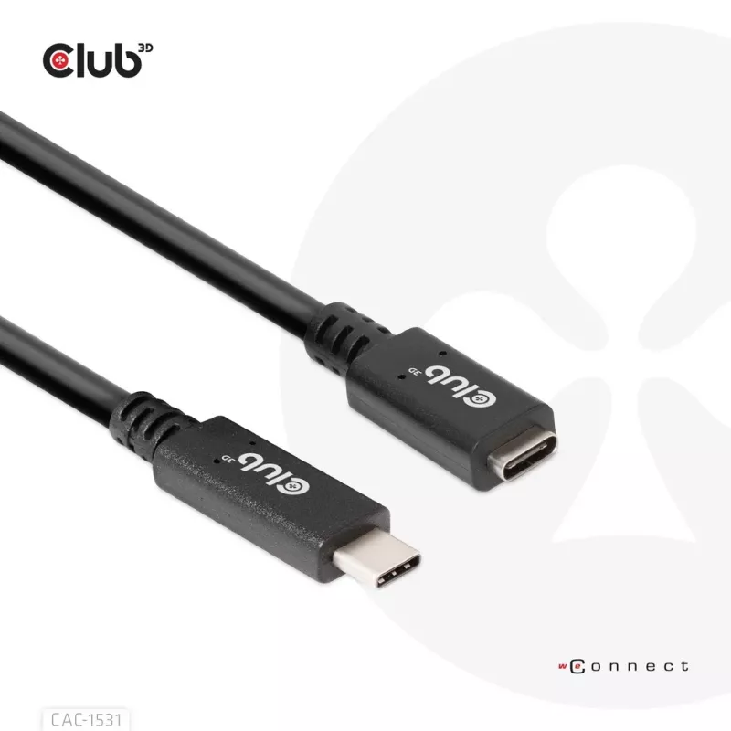 USB Gen1 Typ-C-Verlängerungskabel CLUB3D CAC-1531, 1 m, USB-C Stecker auf 2× USB-C Buchse, 5 Gbps, 60 W PD, 4K@60Hz