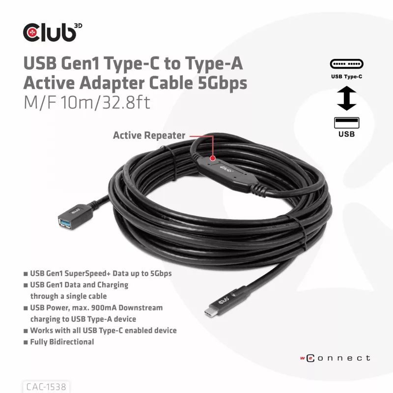 CLUB3D USB Gen1 Typ-C auf Typ-A aktives Adapterkabel 5 Gbit/s M/F 10 m
