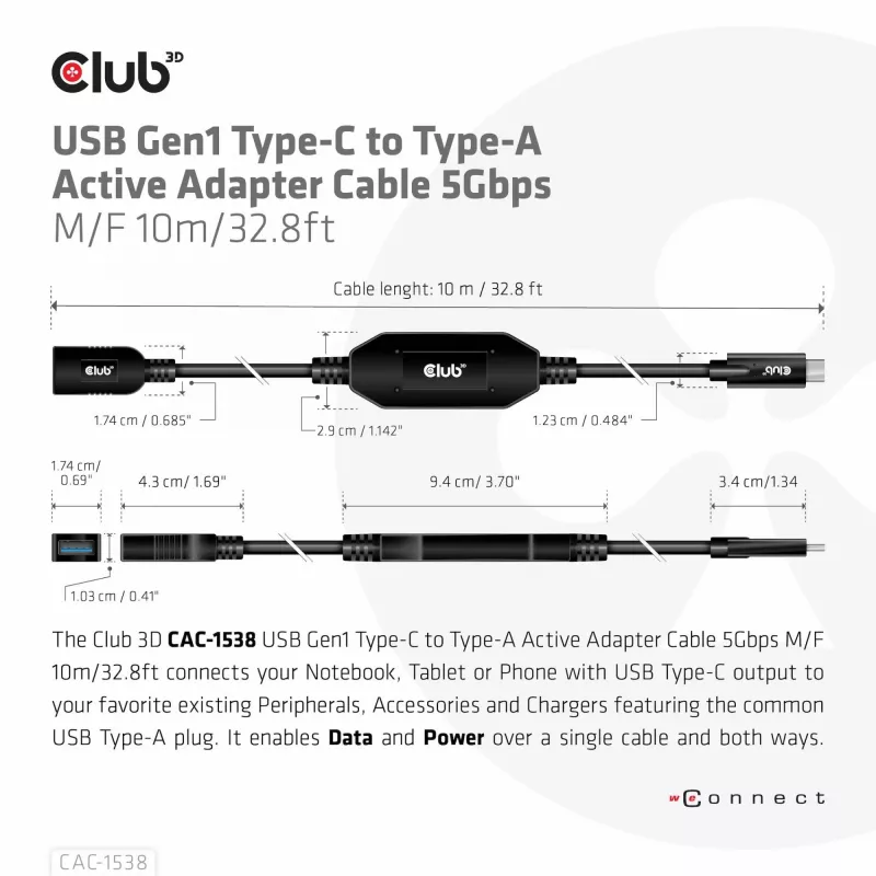 CLUB3D USB Gen1 Typ-C auf Typ-A aktives Adapterkabel 5 Gbit/s M/F 10 m