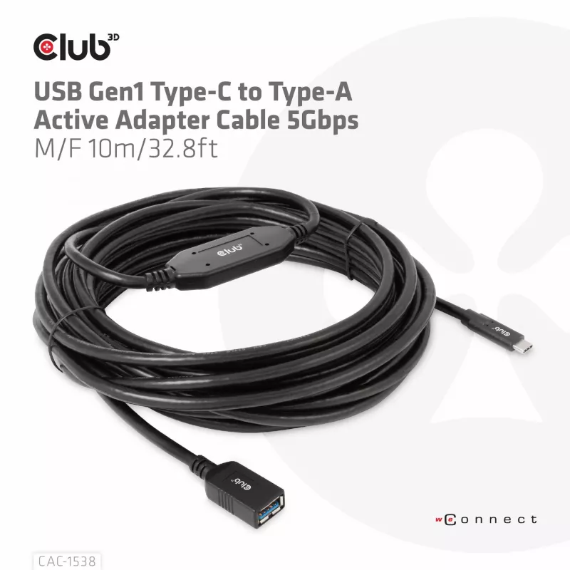 CLUB3D USB Gen1 Typ-C auf Typ-A aktives Adapterkabel 5 Gbit/s M/F 10 m