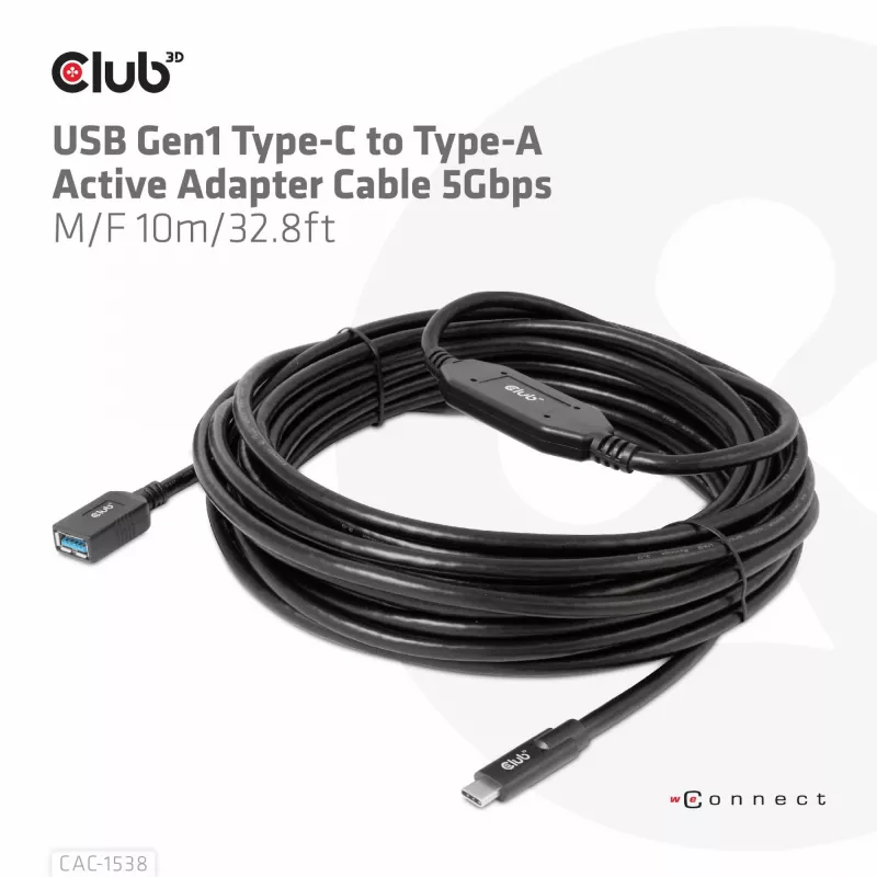 CLUB3D USB Gen1 Typ-C auf Typ-A aktives Adapterkabel 5 Gbit/s M/F 10 m