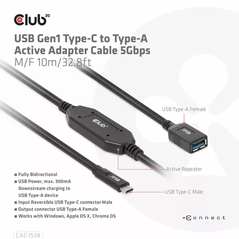 CLUB3D USB Gen1 Typ-C auf Typ-A aktives Adapterkabel 5 Gbit/s M/F 10 m