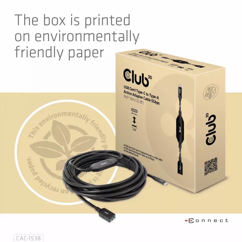 CLUB3D USB Gen1 Typ-C auf Typ-A aktives Adapterkabel 5 Gbit/s M/F 10 m