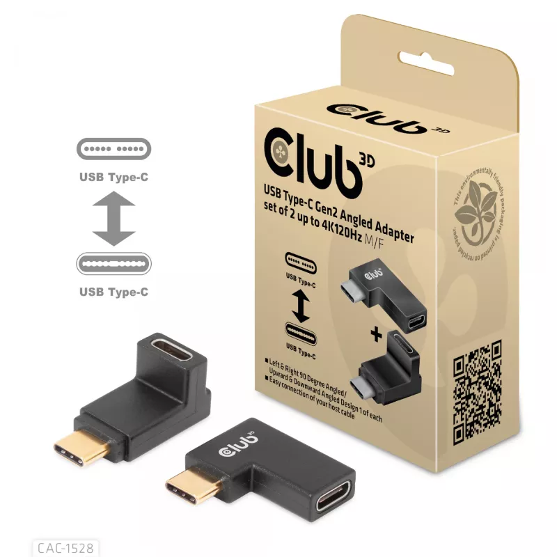 USB Typ-C Gen2 abgewinkeltes Adapter-Set, 2 Stück CLUB3D CAC-1528 — USB-C auf USB-C, unterstützt 4K@120Hz