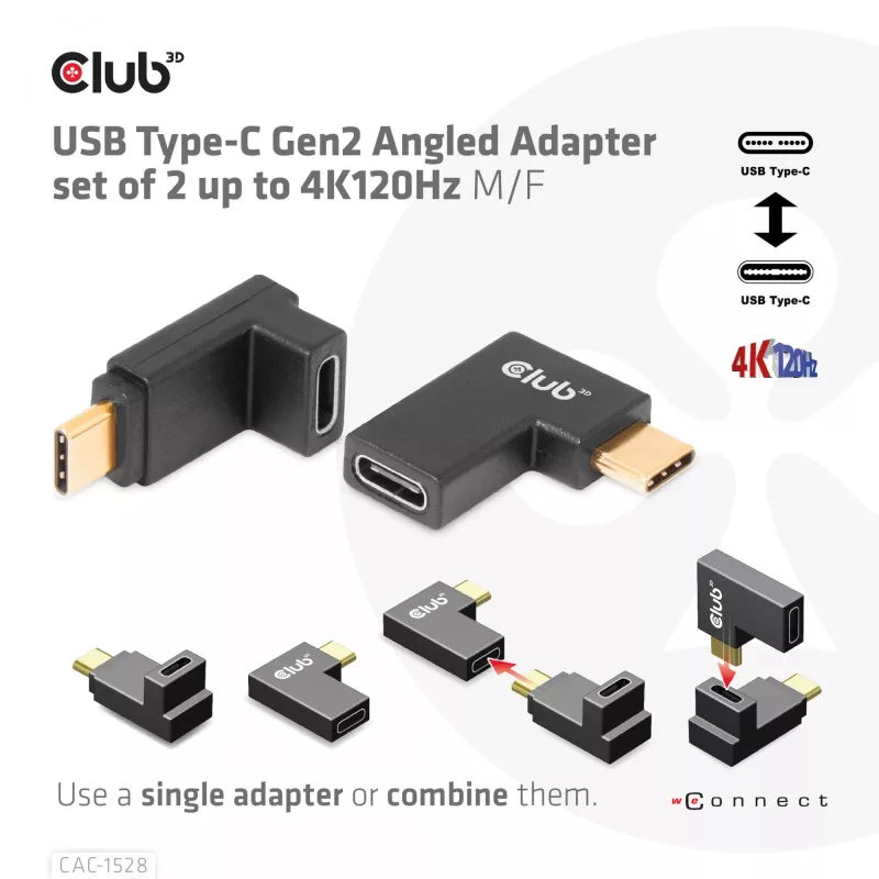 USB Typ-C Gen2 abgewinkeltes Adapter-Set, 2 Stück CLUB3D CAC-1528 — USB-C auf USB-C, unterstützt 4K@120Hz