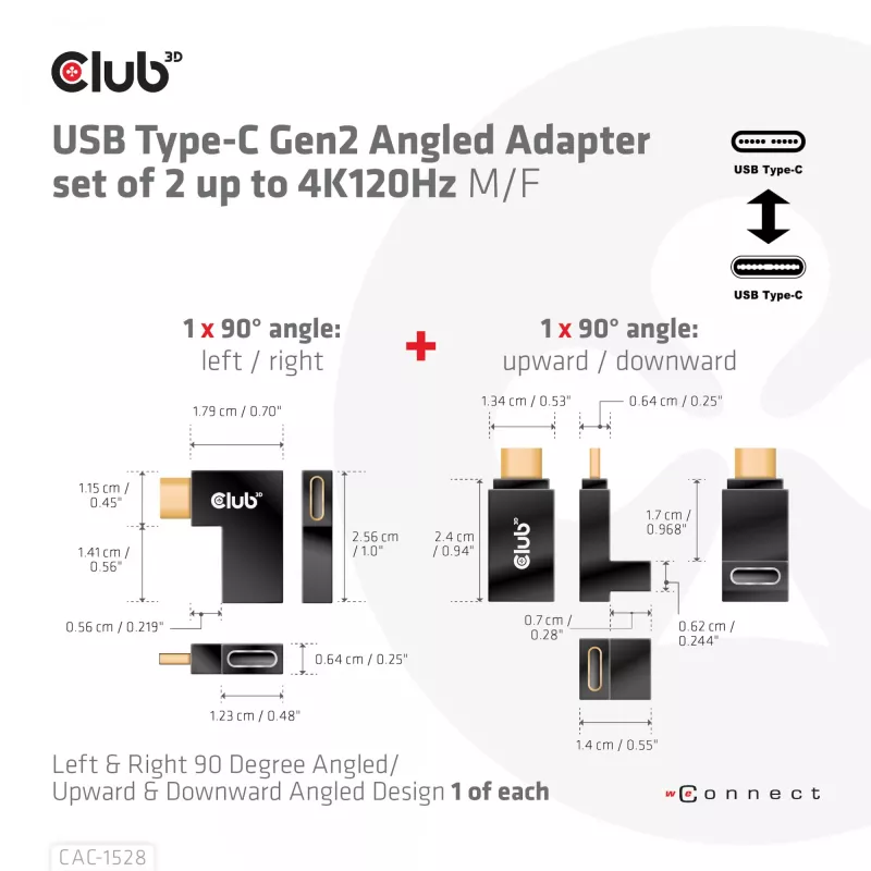 USB Typ-C Gen2 abgewinkeltes Adapter-Set, 2 Stück CLUB3D CAC-1528 — USB-C auf USB-C, unterstützt 4K@120Hz