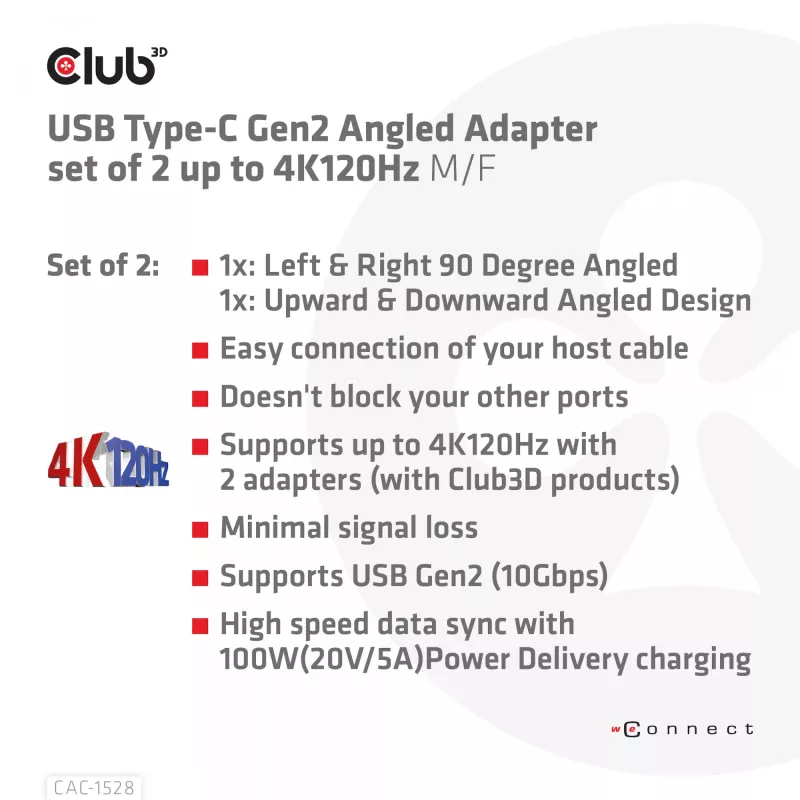 USB Typ-C Gen2 abgewinkeltes Adapter-Set, 2 Stück CLUB3D CAC-1528 — USB-C auf USB-C, unterstützt 4K@120Hz