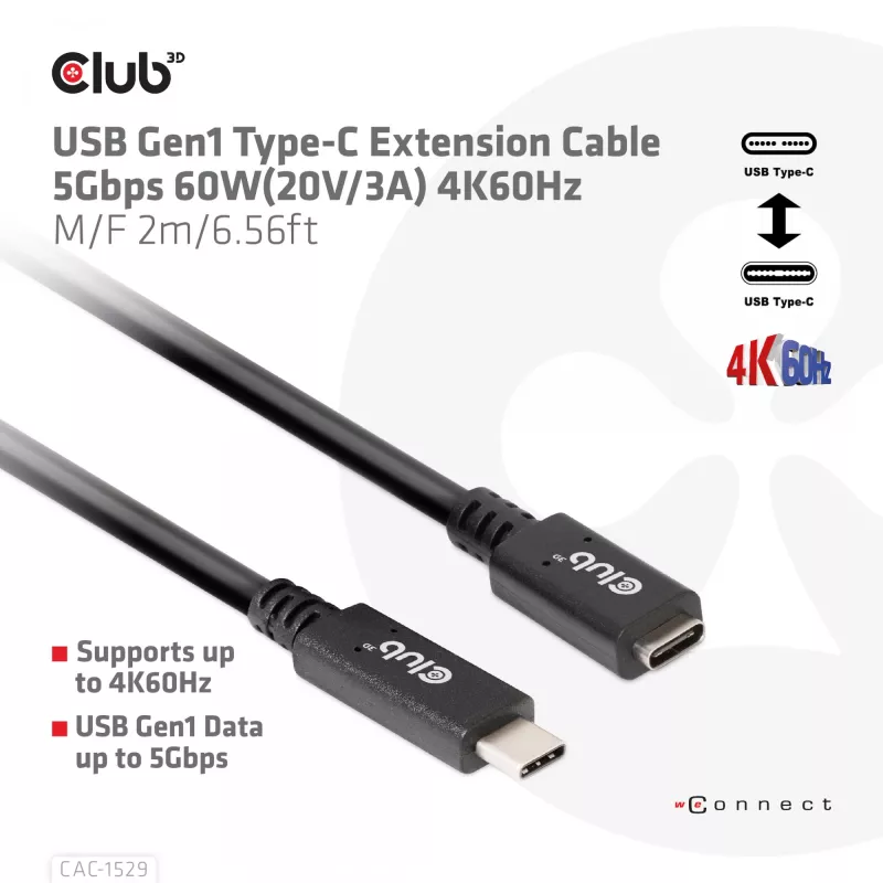 CLUB3D USB Gen1 Type-C Verlängerungskabel 5 Gbit/s 60 W (20 V/3 A) 4K60Hz M/F 2 m/6,56 ft