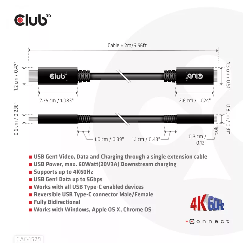 CLUB3D USB Gen1 Type-C Verlängerungskabel 5 Gbit/s 60 W (20 V/3 A) 4K60Hz M/F 2 m/6,56 ft