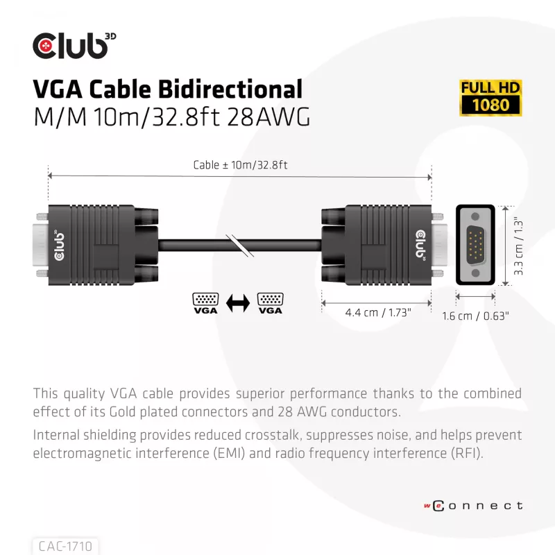 VGA-Kabel bidirektional M/M 10m/32,8ft CLUB3D CAC-1710