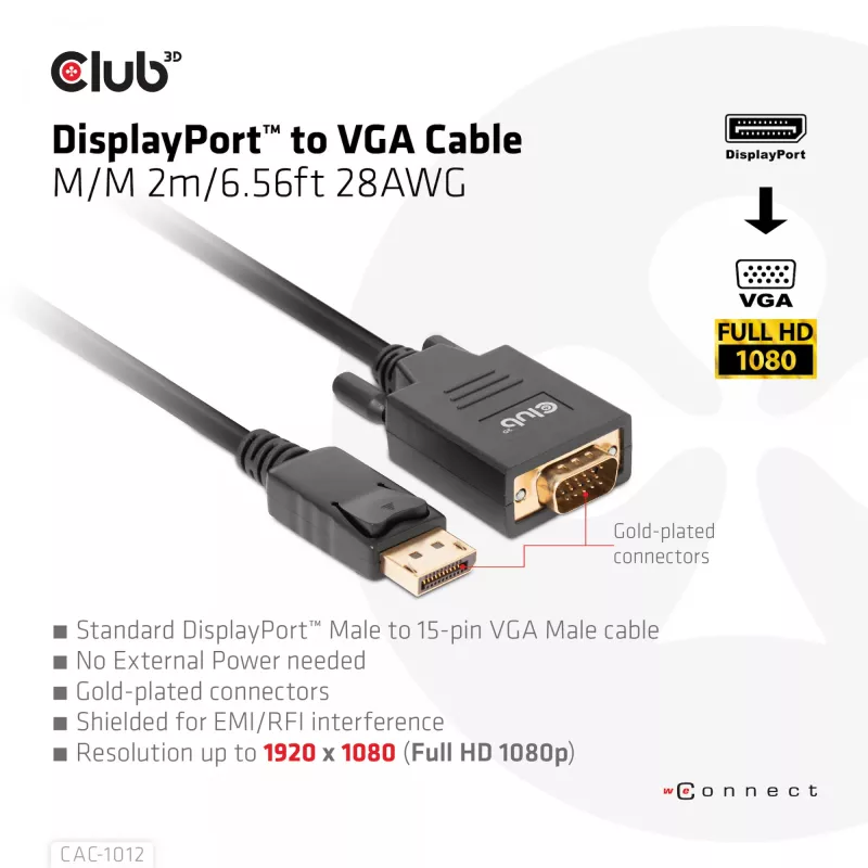 DisplayPort to VGA Kabel M/M CLUB3D CAC-1012 2m