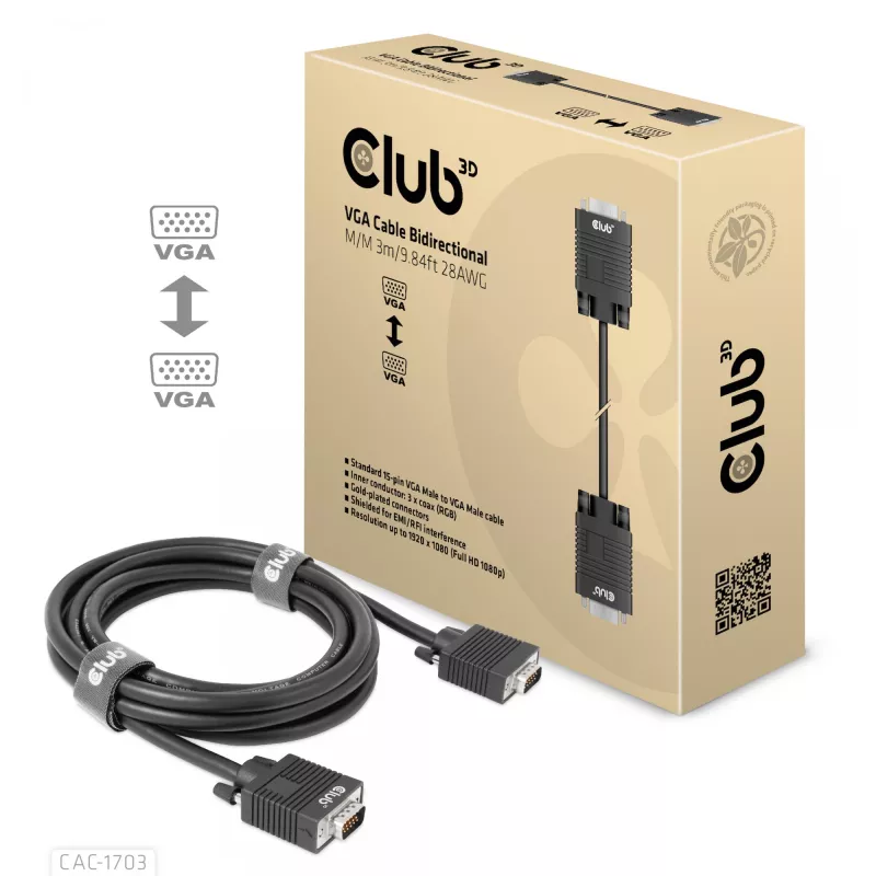VGA-Kabel, bidirektional, M/M, 3 m, 28AWG, CLUB3D CAC-1703