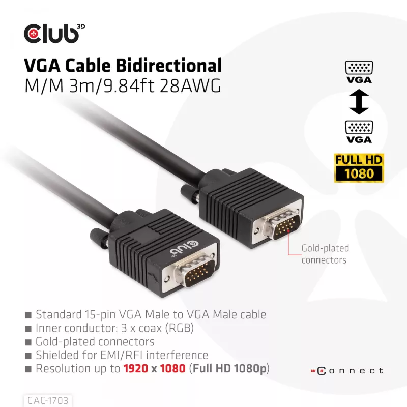 VGA-Kabel, bidirektional, M/M, 3 m, 28AWG, CLUB3D CAC-1703