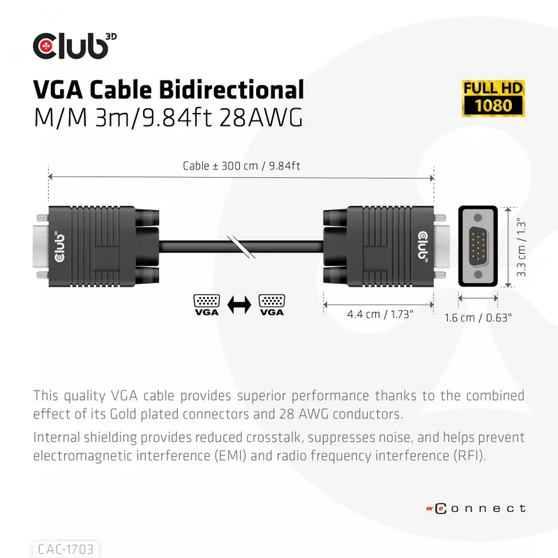VGA-Kabel, bidirektional, M/M, 3 m, 28AWG, CLUB3D CAC-1703