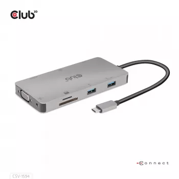 CLUB3D USB Gen1 Type-C 9-in-1-Hub mit HDMI, VGA, 2x USB Gen1 Type-A, RJ45, SD/Micro SD-Kartensteckplätzen und USB Gen1 Type-C-Buchse
