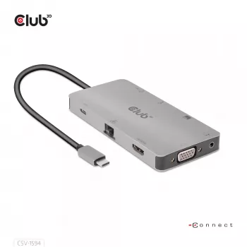 CLUB3D USB Gen1 Type-C 9-in-1-Hub mit HDMI, VGA, 2x USB Gen1 Type-A, RJ45, SD/Micro SD-Kartensteckplätzen und USB Gen1 Type-C-Buchse