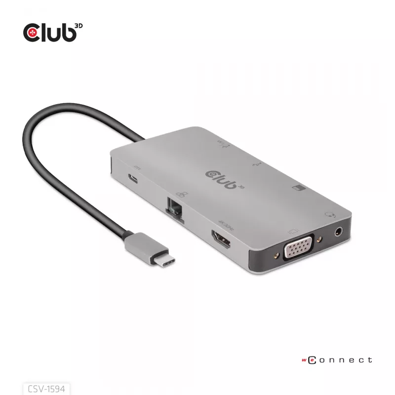 CLUB3D USB Gen1 Type-C 9-in-1-Hub mit HDMI, VGA, 2x USB Gen1 Type-A, RJ45, SD/Micro SD-Kartensteckplätzen und USB Gen1 Type-C-Buchse