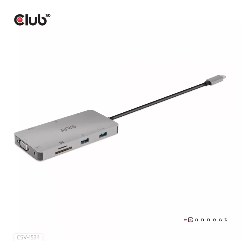 CLUB3D USB Gen1 Type-C 9-in-1-Hub mit HDMI, VGA, 2x USB Gen1 Type-A, RJ45, SD/Micro SD-Kartensteckplätzen und USB Gen1 Type-C-Buchse