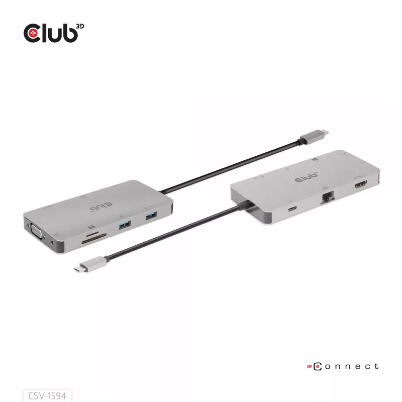 CLUB3D USB Gen1 Type-C 9-in-1-Hub mit HDMI, VGA, 2x USB Gen1 Type-A, RJ45, SD/Micro SD-Kartensteckplätzen und USB Gen1 Type-C-Buchse