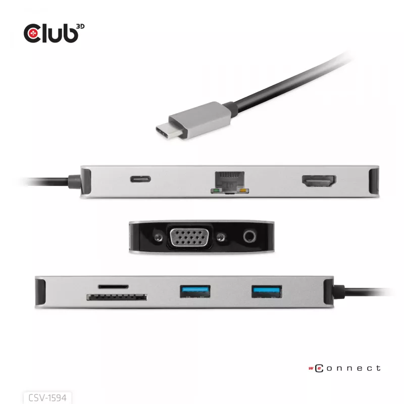 CLUB3D USB Gen1 Type-C 9-in-1-Hub mit HDMI, VGA, 2x USB Gen1 Type-A, RJ45, SD/Micro SD-Kartensteckplätzen und USB Gen1 Type-C-Buchse