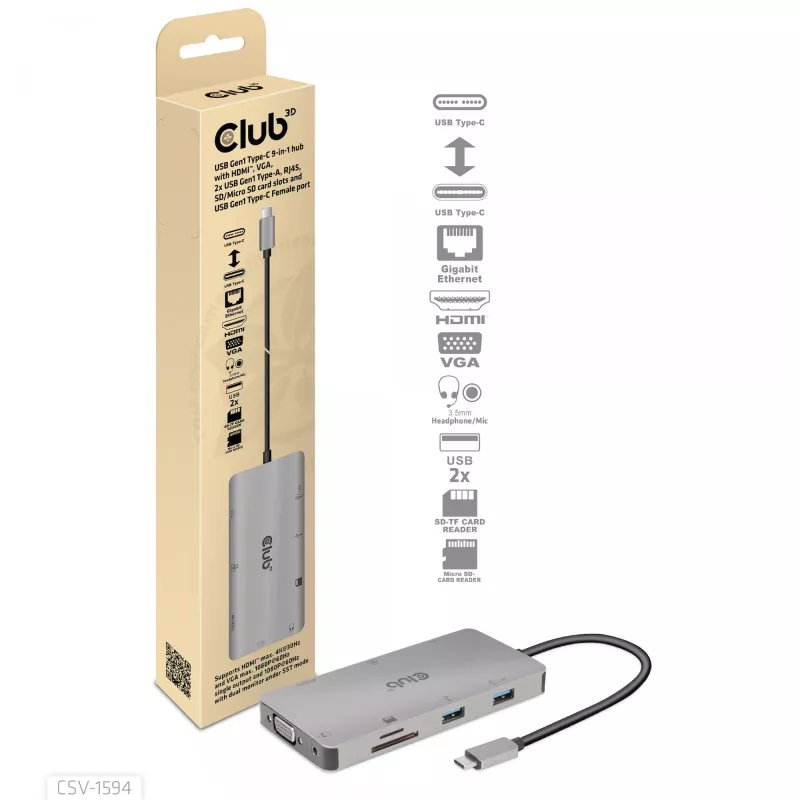 CLUB3D USB Gen1 Type-C 9-in-1-Hub mit HDMI, VGA, 2x USB Gen1 Type-A, RJ45, SD/Micro SD-Kartensteckplätzen und USB Gen1 Type-C-Buchse