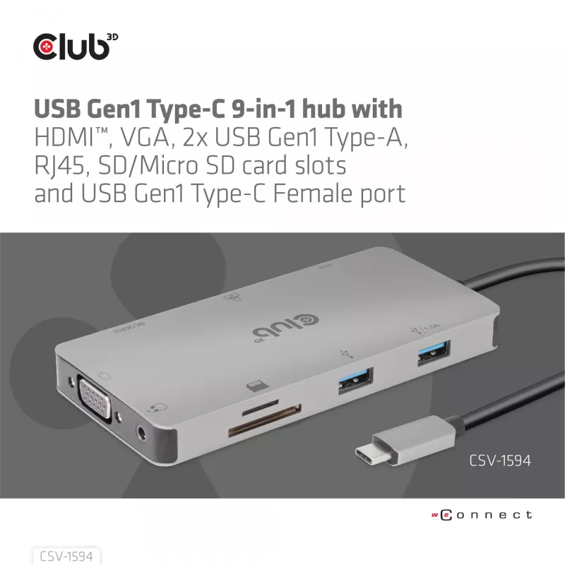 CLUB3D USB Gen1 Type-C 9-in-1-Hub mit HDMI, VGA, 2x USB Gen1 Type-A, RJ45, SD/Micro SD-Kartensteckplätzen und USB Gen1 Type-C-Buchse