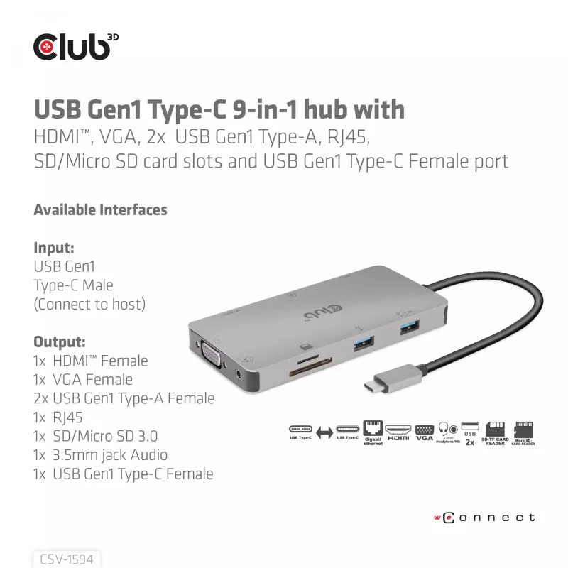 CLUB3D USB Gen1 Type-C 9-in-1-Hub mit HDMI, VGA, 2x USB Gen1 Type-A, RJ45, SD/Micro SD-Kartensteckplätzen und USB Gen1 Type-C-Buchse
