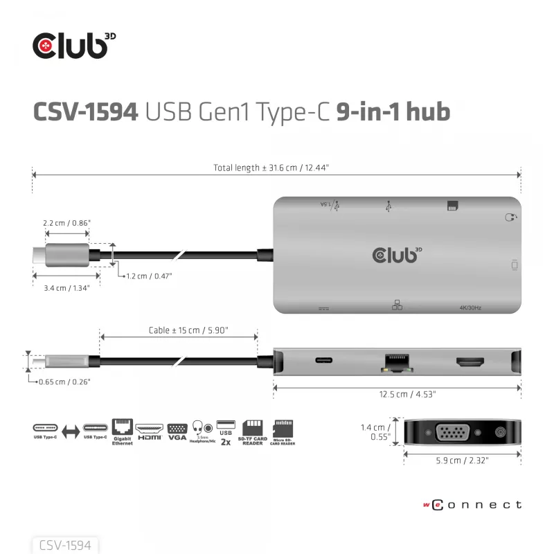 CLUB3D USB Gen1 Type-C 9-in-1-Hub mit HDMI, VGA, 2x USB Gen1 Type-A, RJ45, SD/Micro SD-Kartensteckplätzen und USB Gen1 Type-C-Buchse