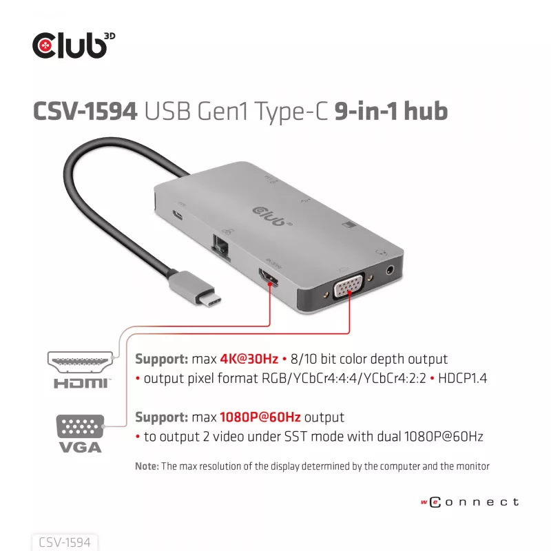 CLUB3D USB Gen1 Type-C 9-in-1-Hub mit HDMI, VGA, 2x USB Gen1 Type-A, RJ45, SD/Micro SD-Kartensteckplätzen und USB Gen1 Type-C-Buchse