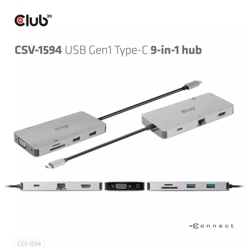 CLUB3D USB Gen1 Type-C 9-in-1-Hub mit HDMI, VGA, 2x USB Gen1 Type-A, RJ45, SD/Micro SD-Kartensteckplätzen und USB Gen1 Type-C-Buchse
