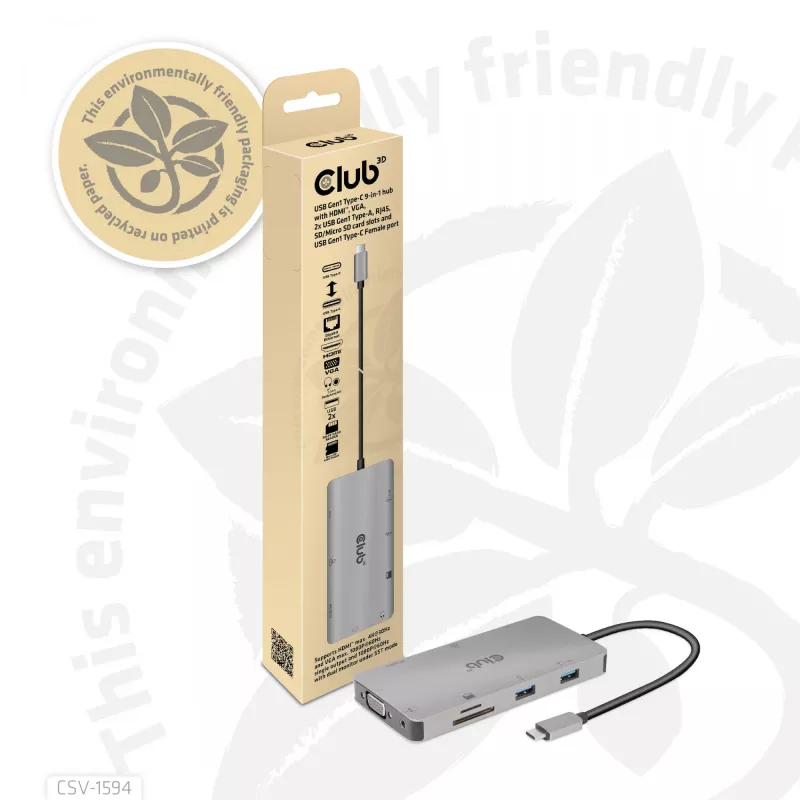 CLUB3D USB Gen1 Type-C 9-in-1-Hub mit HDMI, VGA, 2x USB Gen1 Type-A, RJ45, SD/Micro SD-Kartensteckplätzen und USB Gen1 Type-C-Buchse