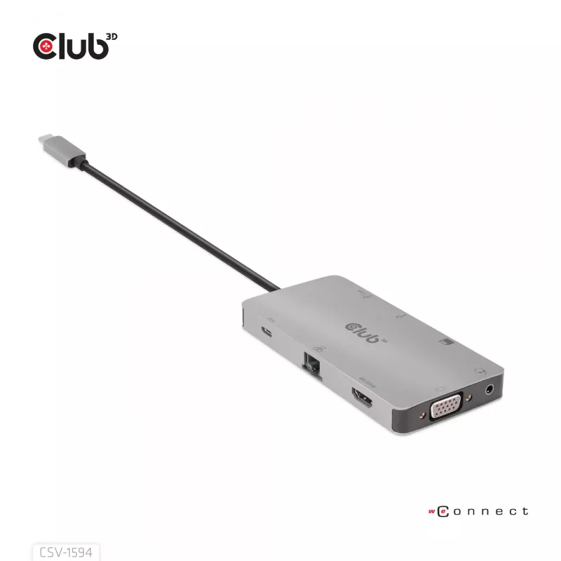 CLUB3D USB Gen1 Type-C 9-in-1-Hub mit HDMI, VGA, 2x USB Gen1 Type-A, RJ45, SD/Micro SD-Kartensteckplätzen und USB Gen1 Type-C-Buchse