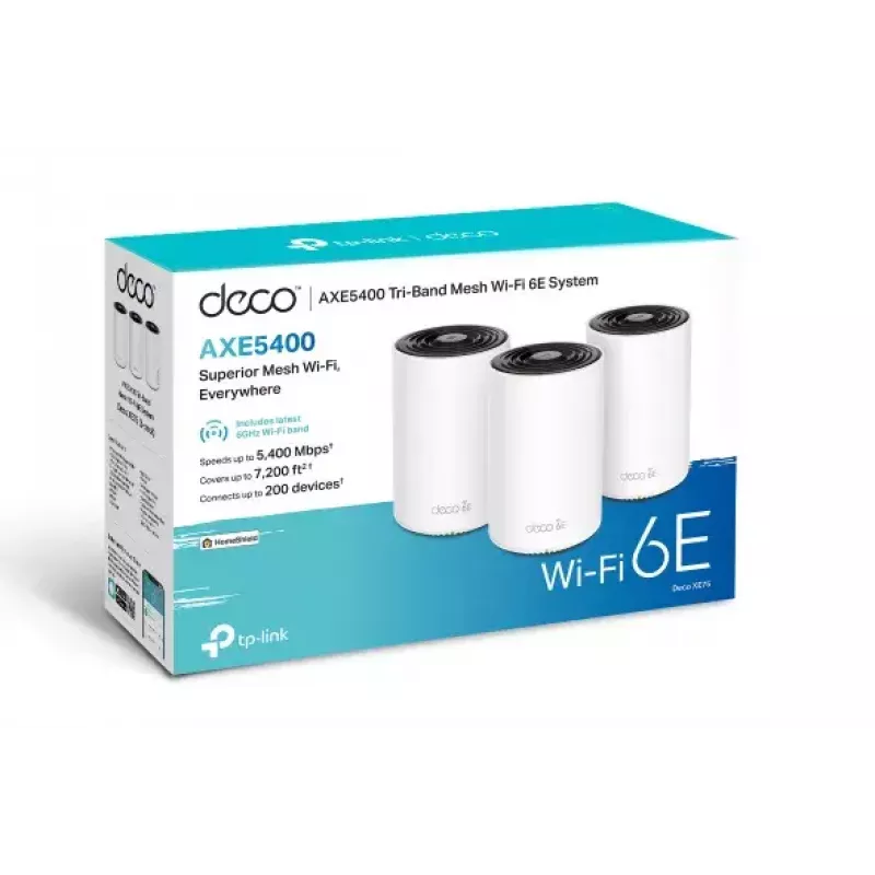 Router TP‑LINK AXE5400 Mesh Wi‑Fi 6E System — Tri‑Band 2.4/5/6 GHz, Abdeckung bis zu 670 m², 3× LAN, 4 interne Antennen