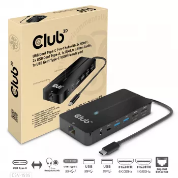CLUB3D Type-C 7-in-1 Hub mit 2x HDMI, 2x USB Gen1 Type-A, 1x RJ45, 1x 3,5 mm Audio, 1x USB Gen1 Type-C 100W Buchse