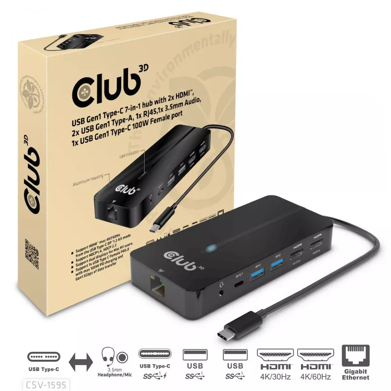 CLUB3D Type-C 7-in-1 Hub mit 2x HDMI, 2x USB Gen1 Type-A, 1x RJ45, 1x 3,5 mm Audio, 1x USB Gen1 Type-C 100W Buchse