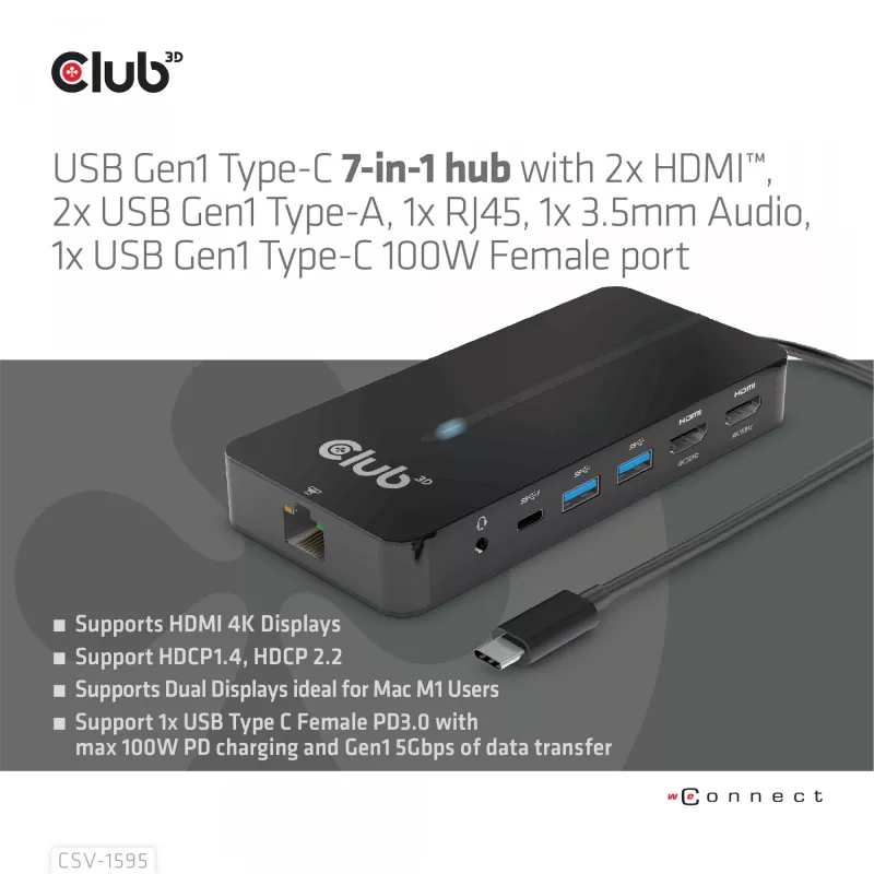 CLUB3D Type-C 7-in-1 Hub mit 2x HDMI, 2x USB Gen1 Type-A, 1x RJ45, 1x 3,5 mm Audio, 1x USB Gen1 Type-C 100W Buchse
