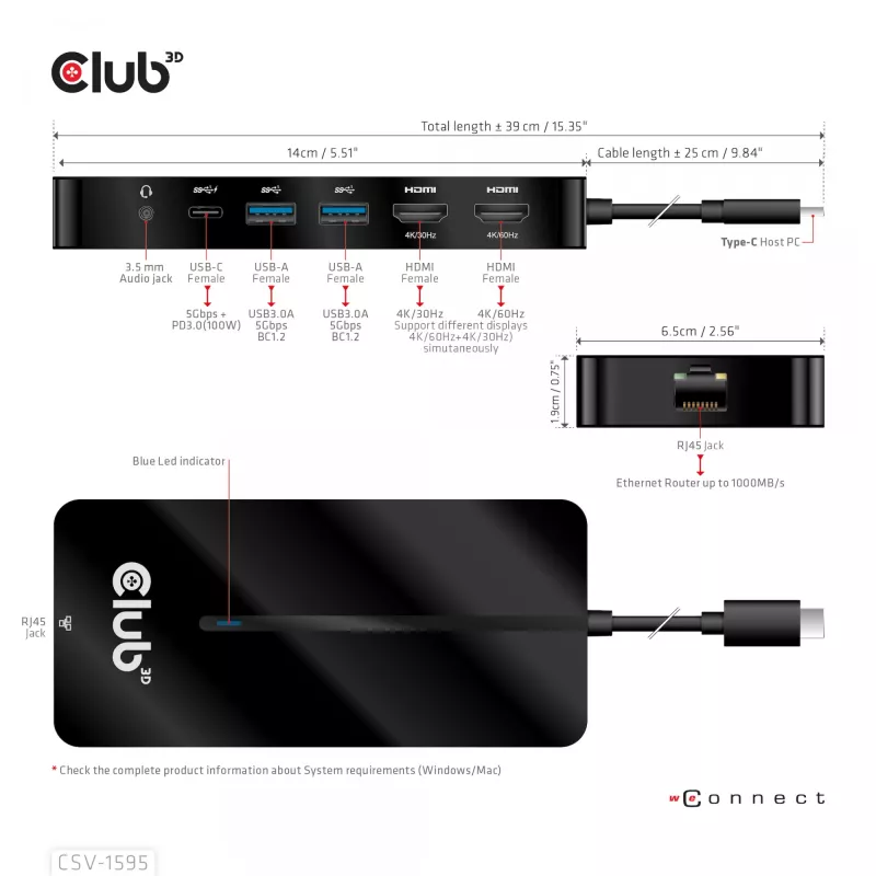 CLUB3D Type-C 7-in-1 Hub mit 2x HDMI, 2x USB Gen1 Type-A, 1x RJ45, 1x 3,5 mm Audio, 1x USB Gen1 Type-C 100W Buchse