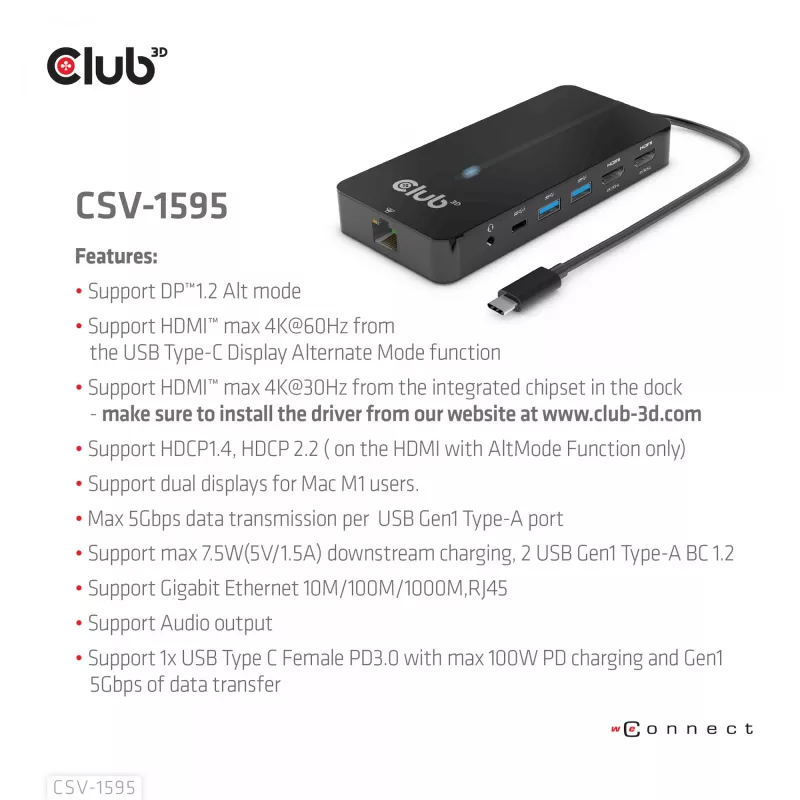 CLUB3D Type-C 7-in-1 Hub mit 2x HDMI, 2x USB Gen1 Type-A, 1x RJ45, 1x 3,5 mm Audio, 1x USB Gen1 Type-C 100W Buchse