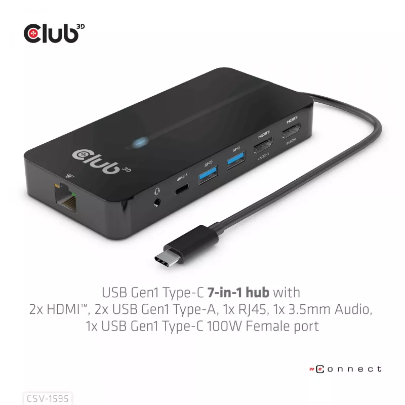 CLUB3D Type-C 7-in-1 Hub mit 2x HDMI, 2x USB Gen1 Type-A, 1x RJ45, 1x 3,5 mm Audio, 1x USB Gen1 Type-C 100W Buchse