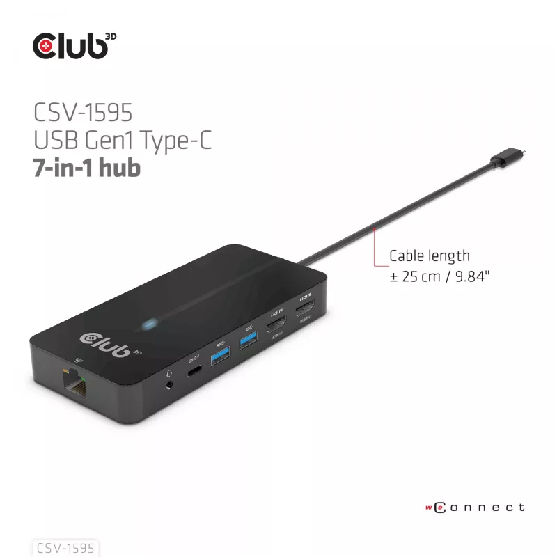 CLUB3D Type-C 7-in-1 Hub mit 2x HDMI, 2x USB Gen1 Type-A, 1x RJ45, 1x 3,5 mm Audio, 1x USB Gen1 Type-C 100W Buchse