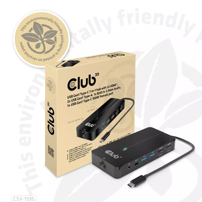CLUB3D Type-C 7-in-1 Hub mit 2x HDMI, 2x USB Gen1 Type-A, 1x RJ45, 1x 3,5 mm Audio, 1x USB Gen1 Type-C 100W Buchse